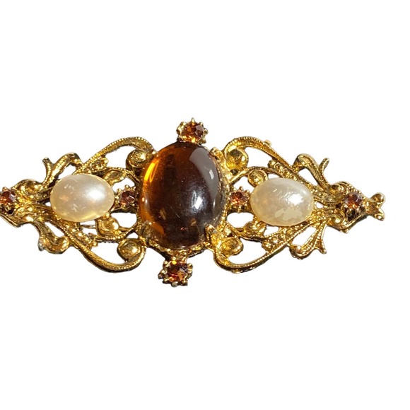 Unsigned Vintage Brooch Pin Gold Tone Scrolled Rhinestone & Pearl 2.5" Jewelry - Picture 1 of 7